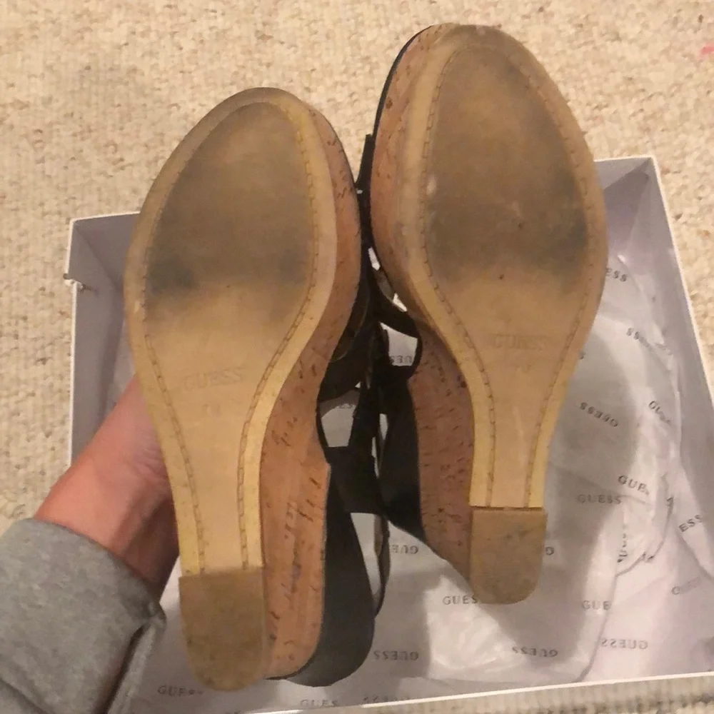GUESS Black Leather Strappy Cork Wedge Sandals